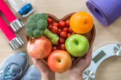 recipiente com frutas e legumes, indicando uma reeducação alimentar.